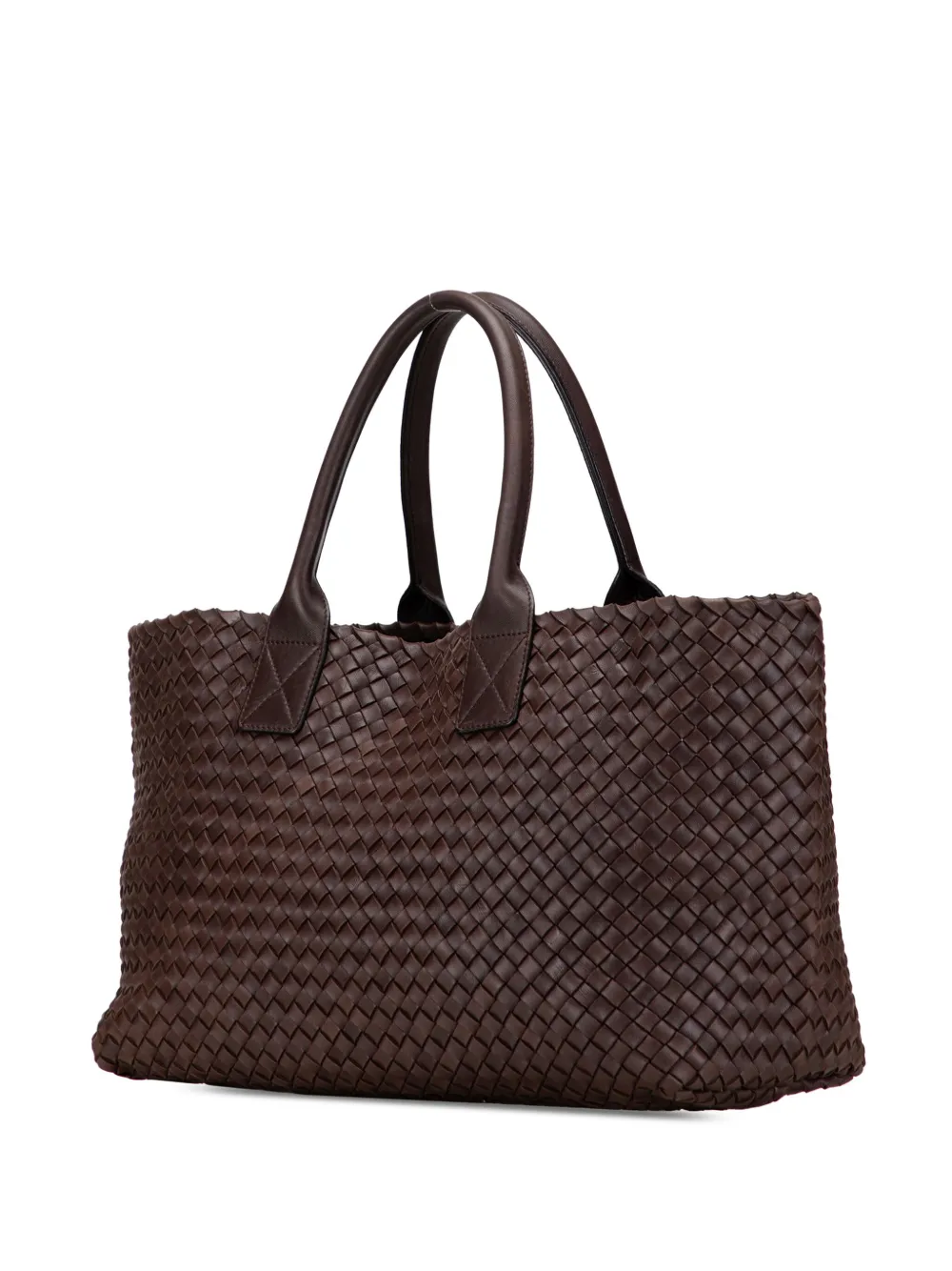Pre-owned Bottega Veneta 2000-2007 Medium Lambskin Intreccio Cabat Tote Bag In Brown