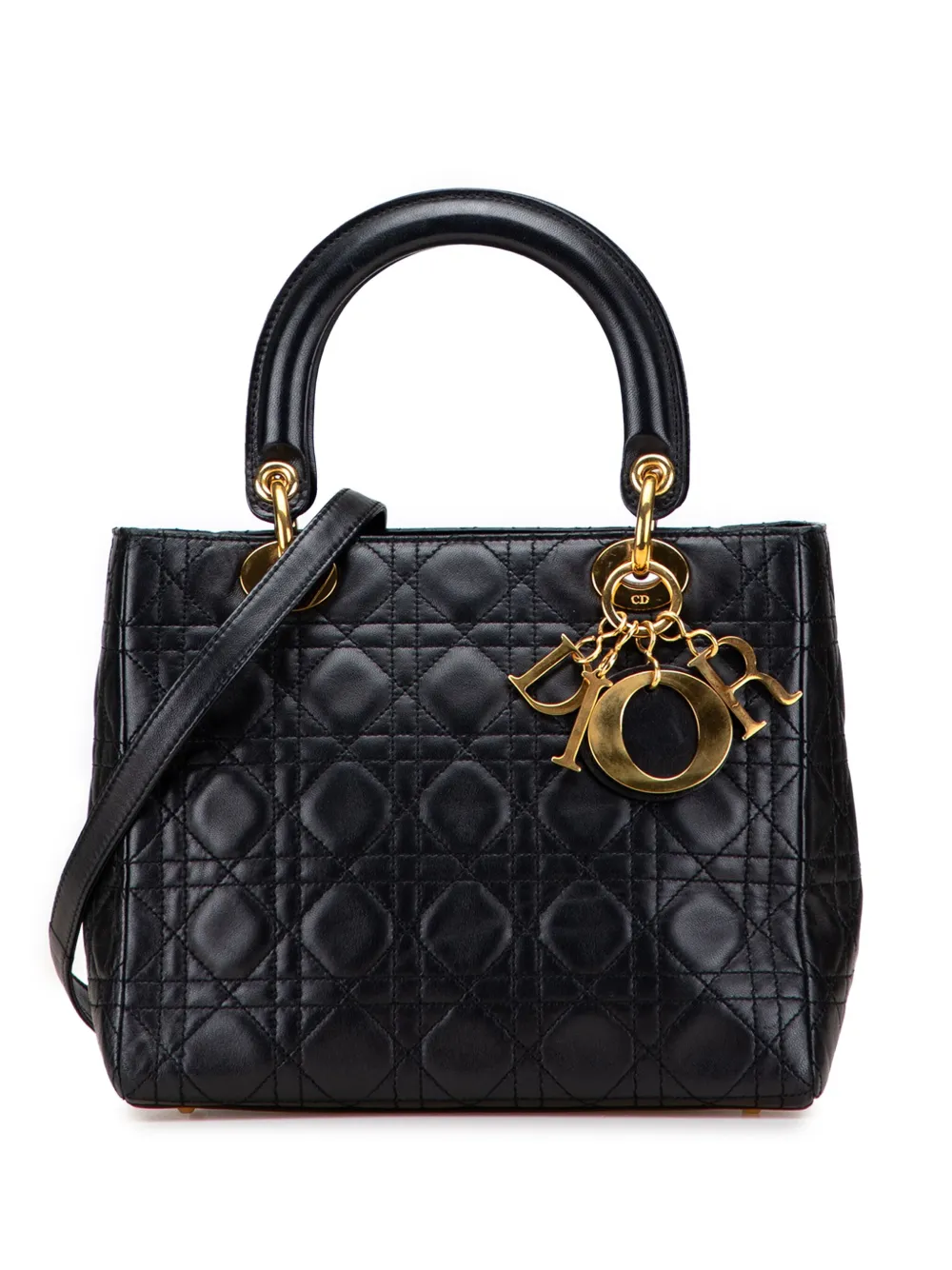 Pre-owned Dior 1997 Medium Lambskin Cannage Lady  Satchel In Black