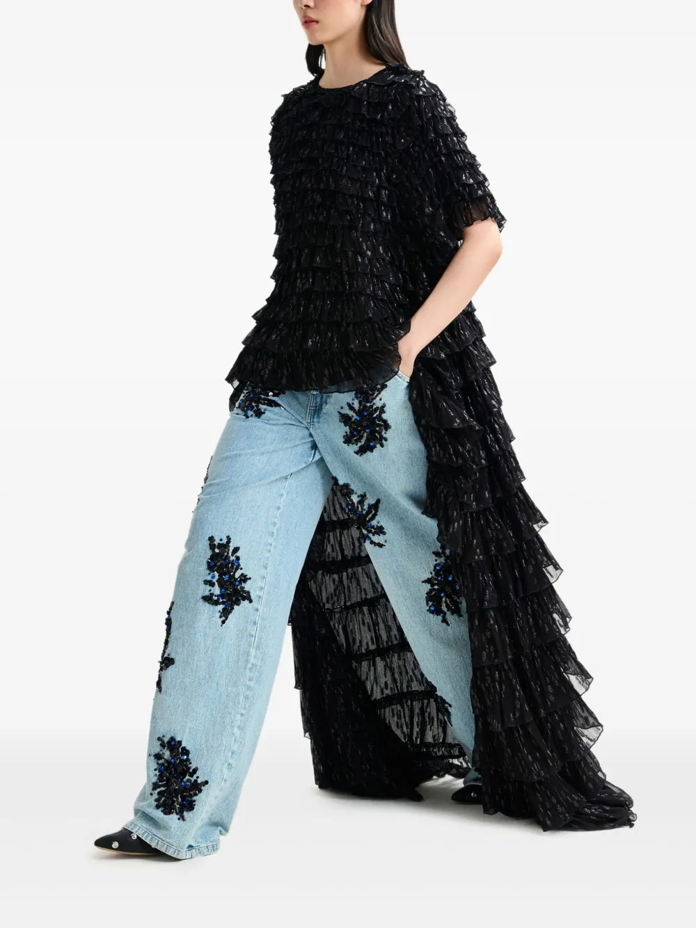 Essentiel Antwerp Itty Tiered Ruffled Top In Black