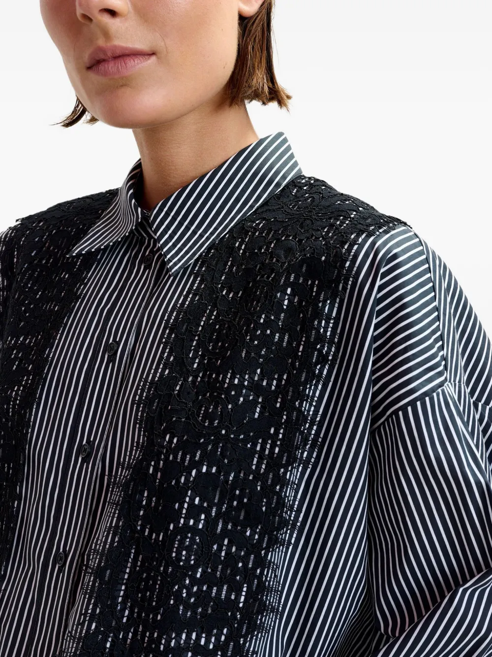 Essentiel Antwerp Isan gestreept blouse met kant Zwart