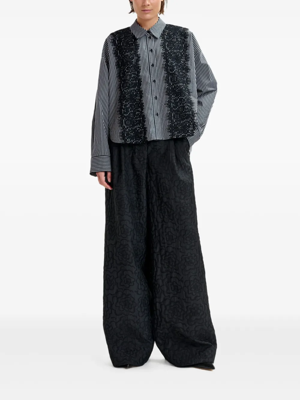 Essentiel Antwerp Isan gestreept blouse met kant - Zwart