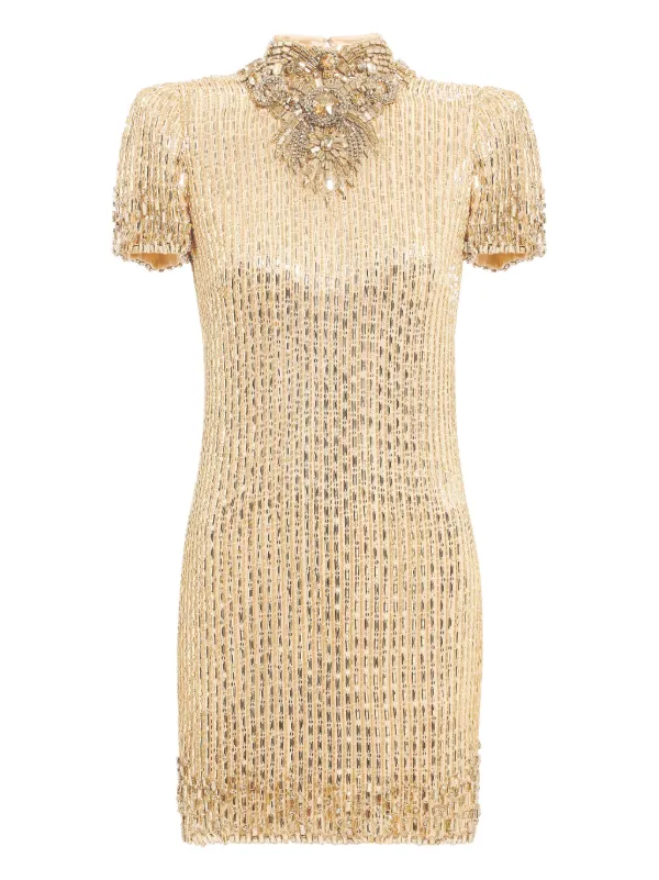 gold sequin turtleneck dress Turtle Rhinestone Sequin Mini Dress in Gold – IULOVER main image 0