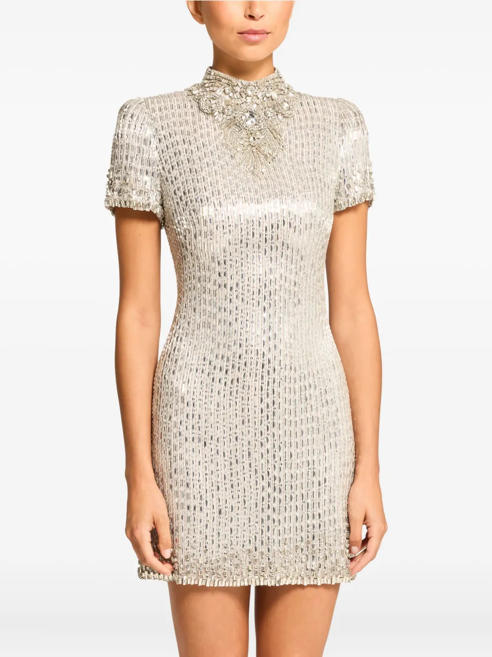 Jenny Packham Kitty Sequin-embellished Turtleneck Mini Dress In Silver