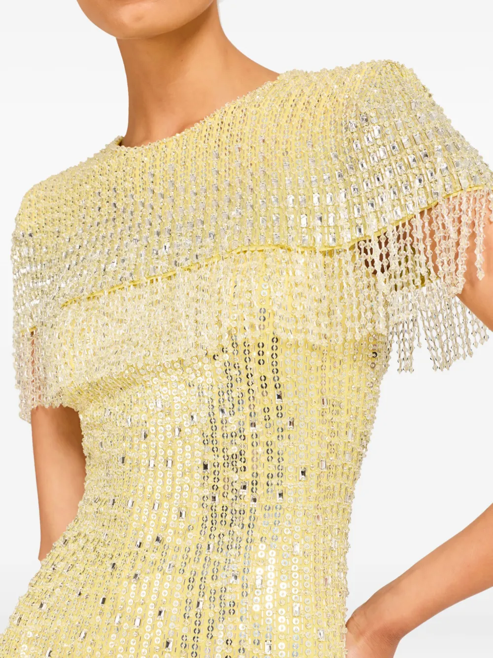 Jenny Packham Swish Beaded-embellished Fringed Mini Dress In Yellow