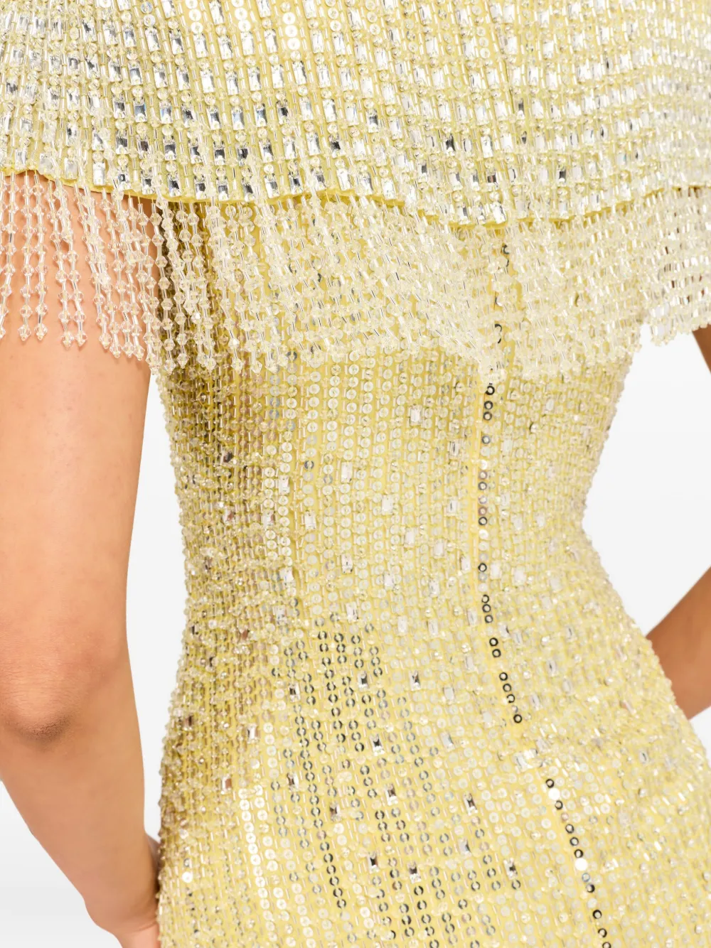 Jenny Packham Swish Beaded-embellished Fringed Mini Dress In Yellow