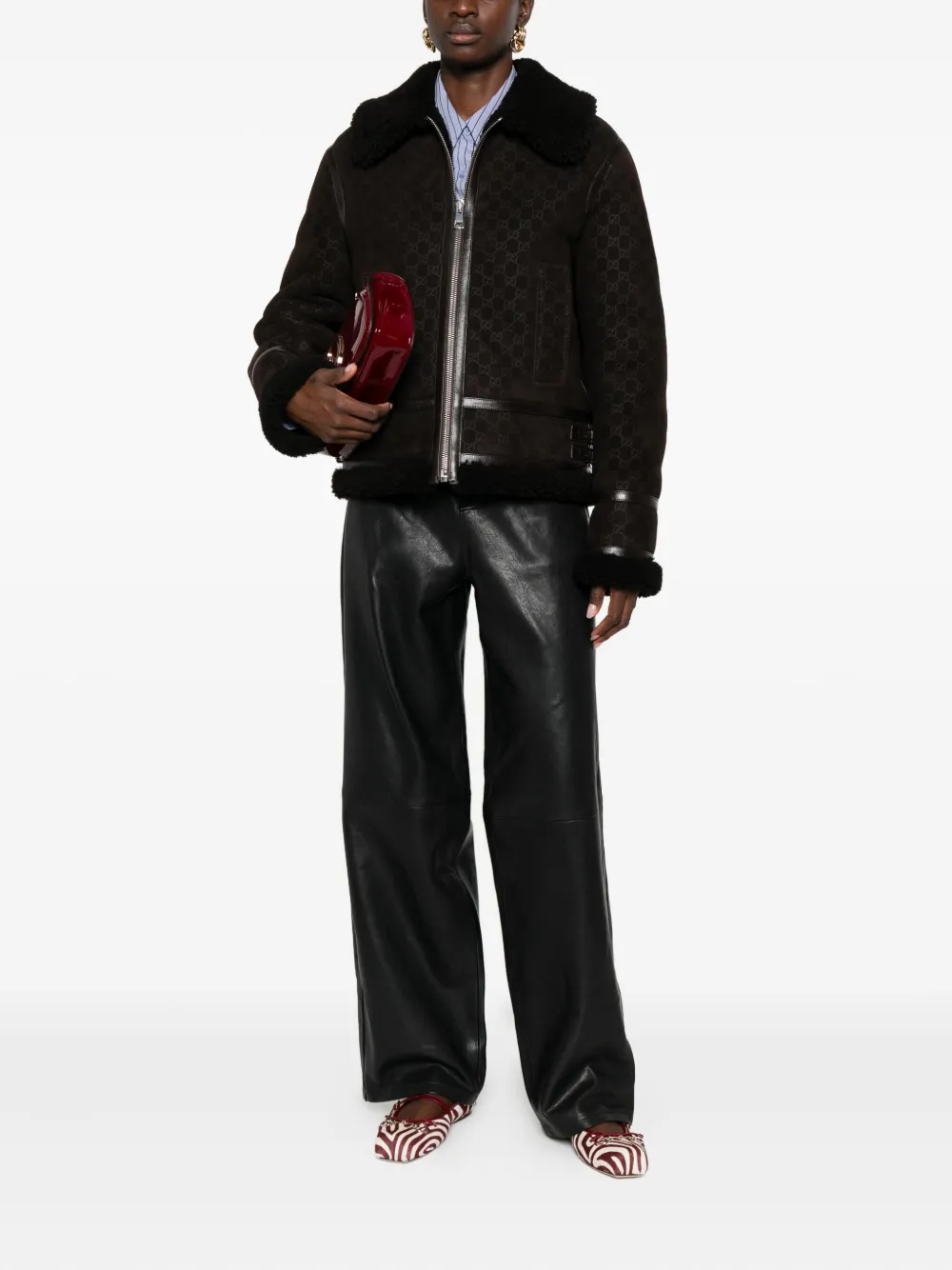 Gucci Shearling-collar Leather Jacket In Brown