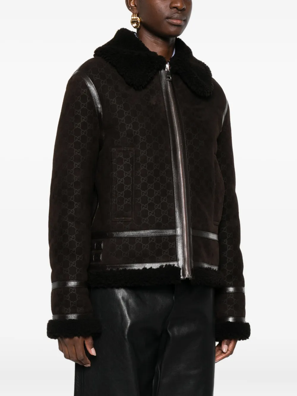 Gucci Shearling-collar Leather Jacket In Brown