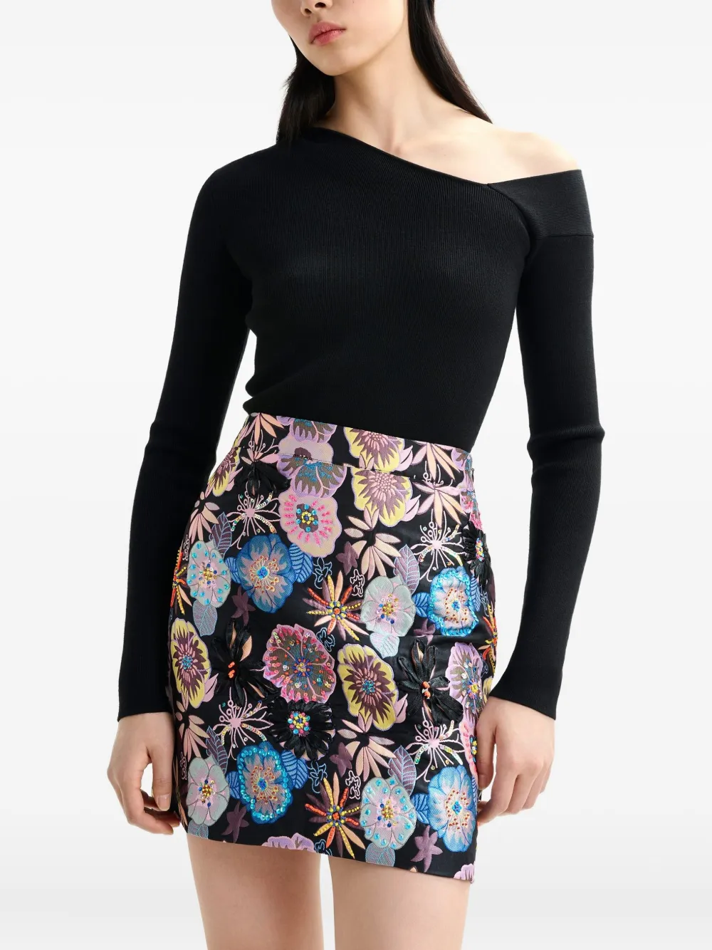 Essentiel Antwerp Mini-rok met bloemenprint en pailletten Zwart