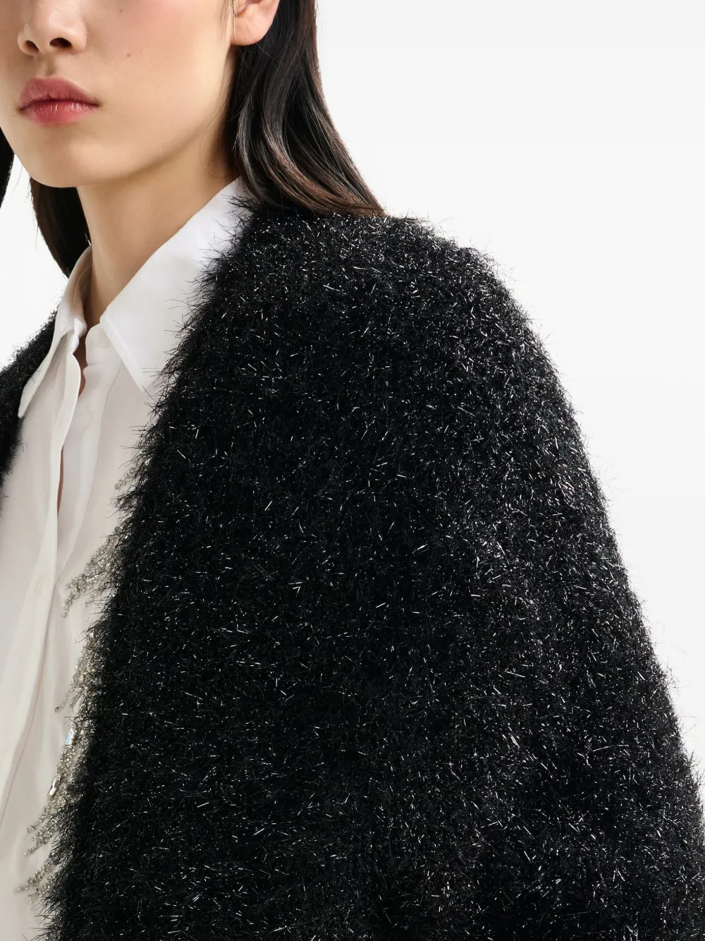 Essentiel Antwerp Ileast Textured Metallic-effect Cardigan In Black
