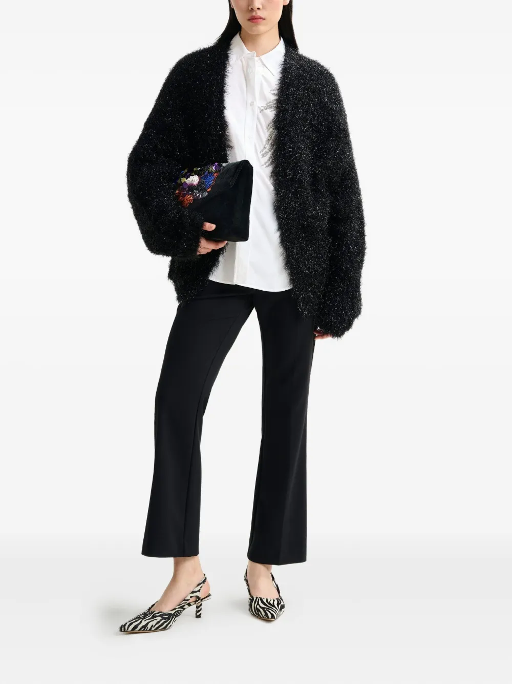 Essentiel Antwerp Ileast Textured Metallic-effect Cardigan In Black
