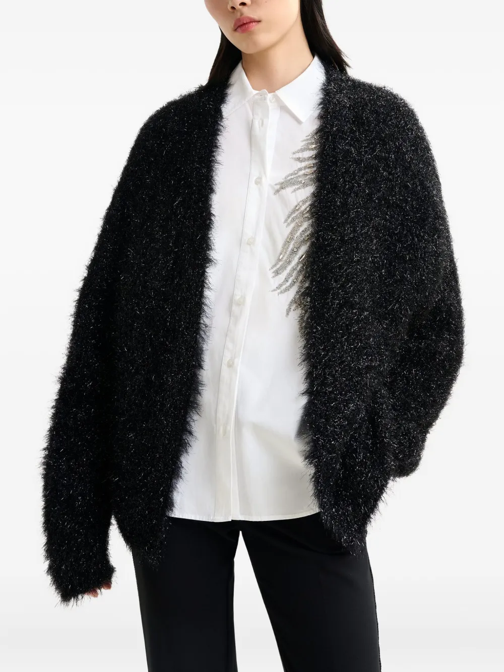 Essentiel Antwerp Ileast Textured Metallic-effect Cardigan In Black