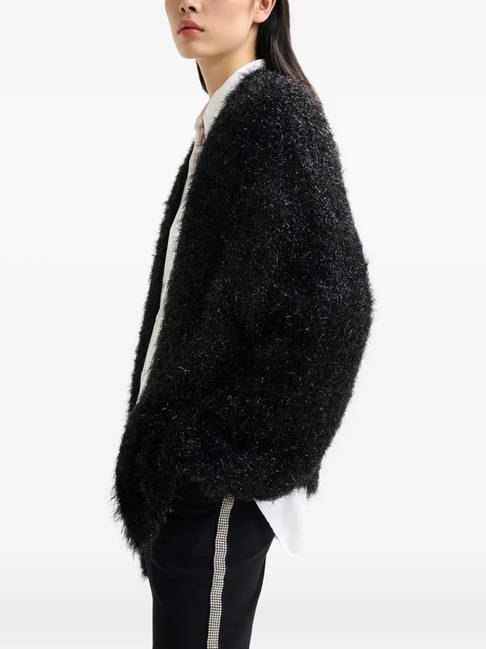 Essentiel Antwerp Ileast Textured Metallic-effect Cardigan In Black