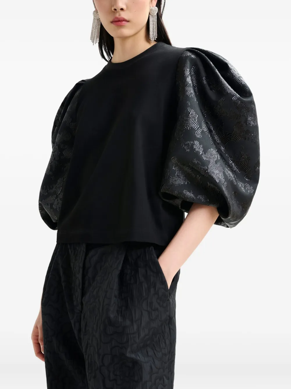 Essentiel Antwerp Imortal Jacquard-sleeves Top In Black