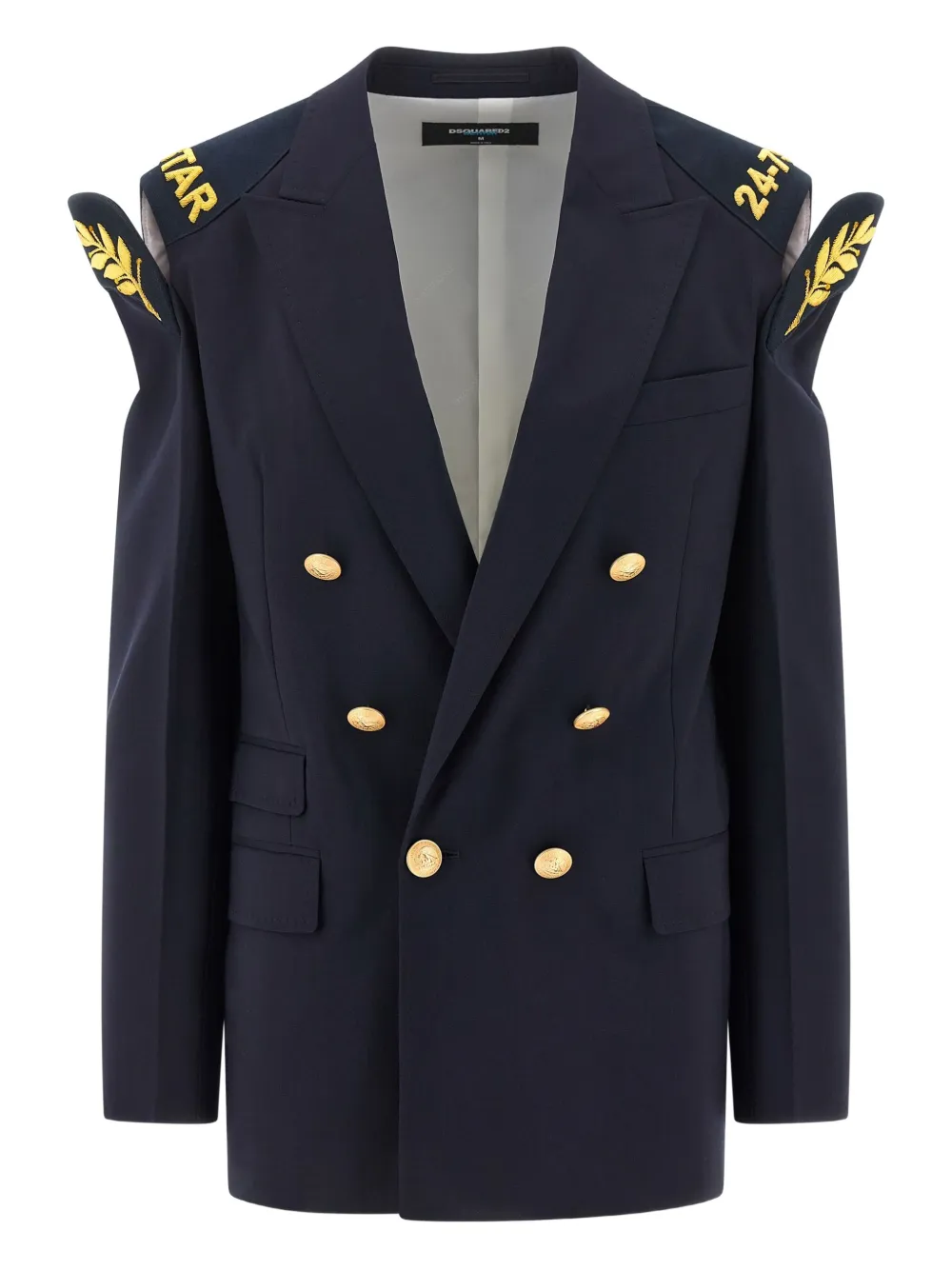 Dsquared2 Double-breasted Wool Blazer With Embroidered Hard Shoulders In Blue