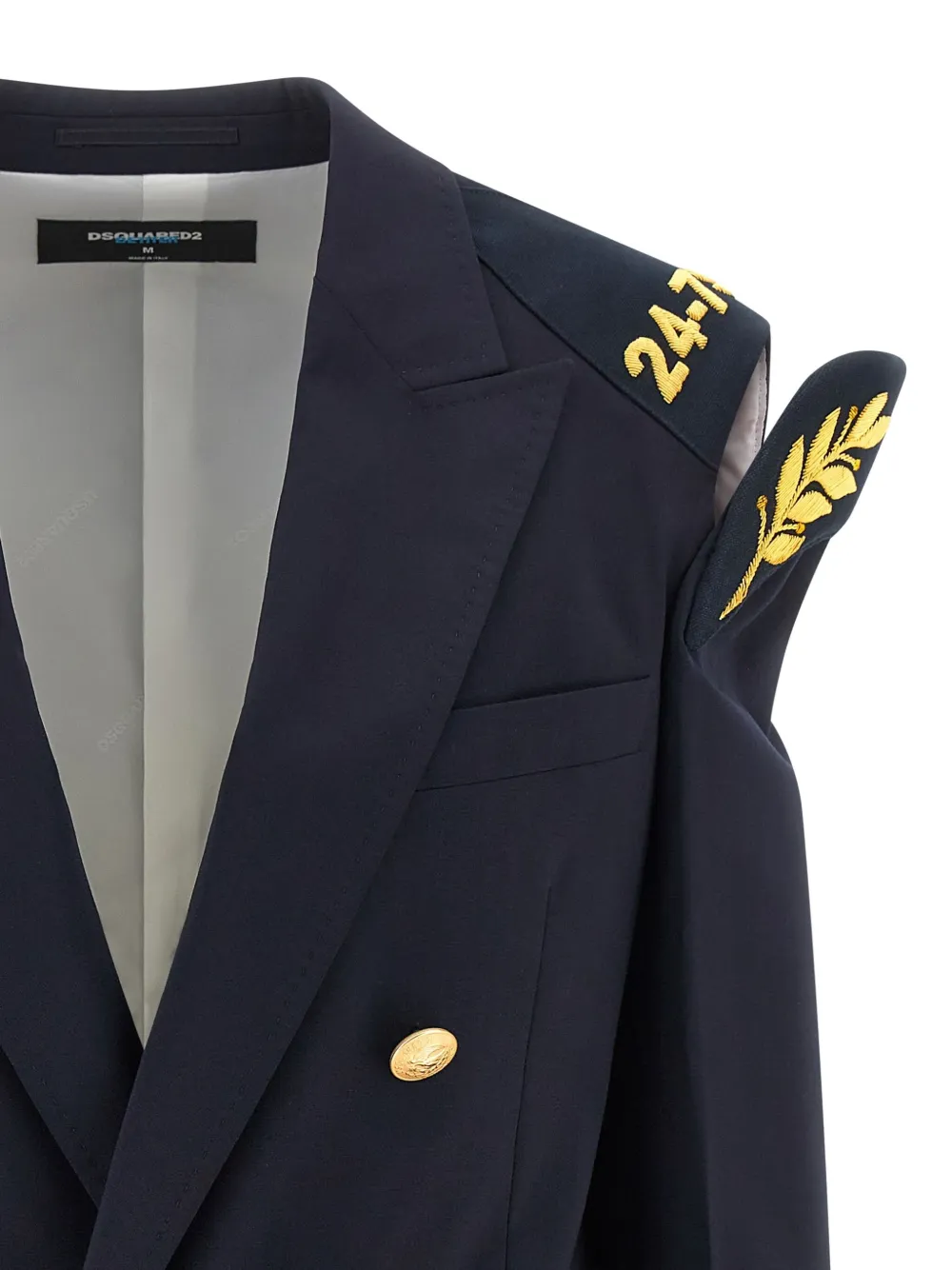 Dsquared2 Double-breasted Wool Blazer With Embroidered Hard Shoulders In Blue