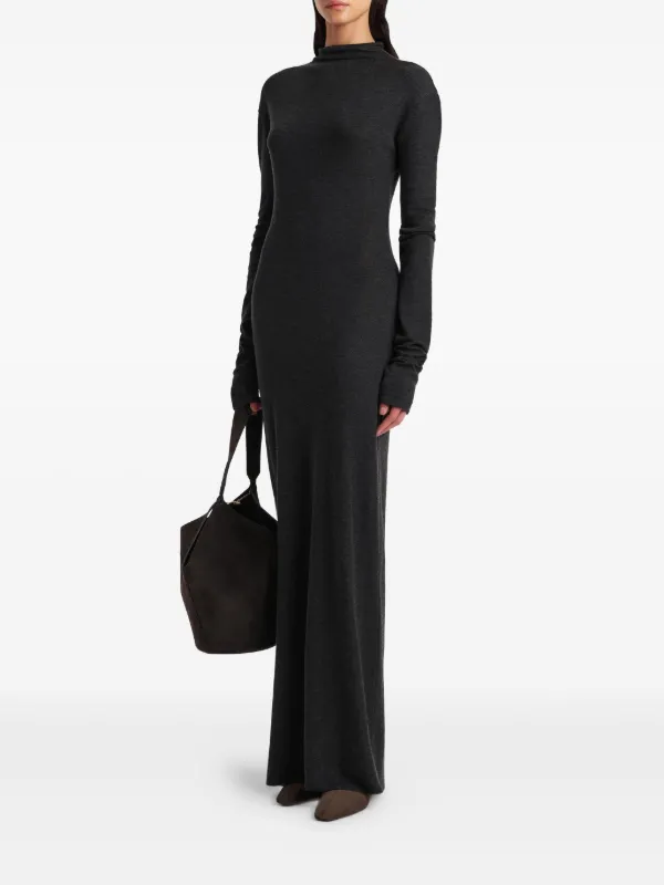 khaite long sleeve dress KHAITE Exclusive Norla Dress in Charcoal Silk Cashmere Jersey - Grey Designer Dress