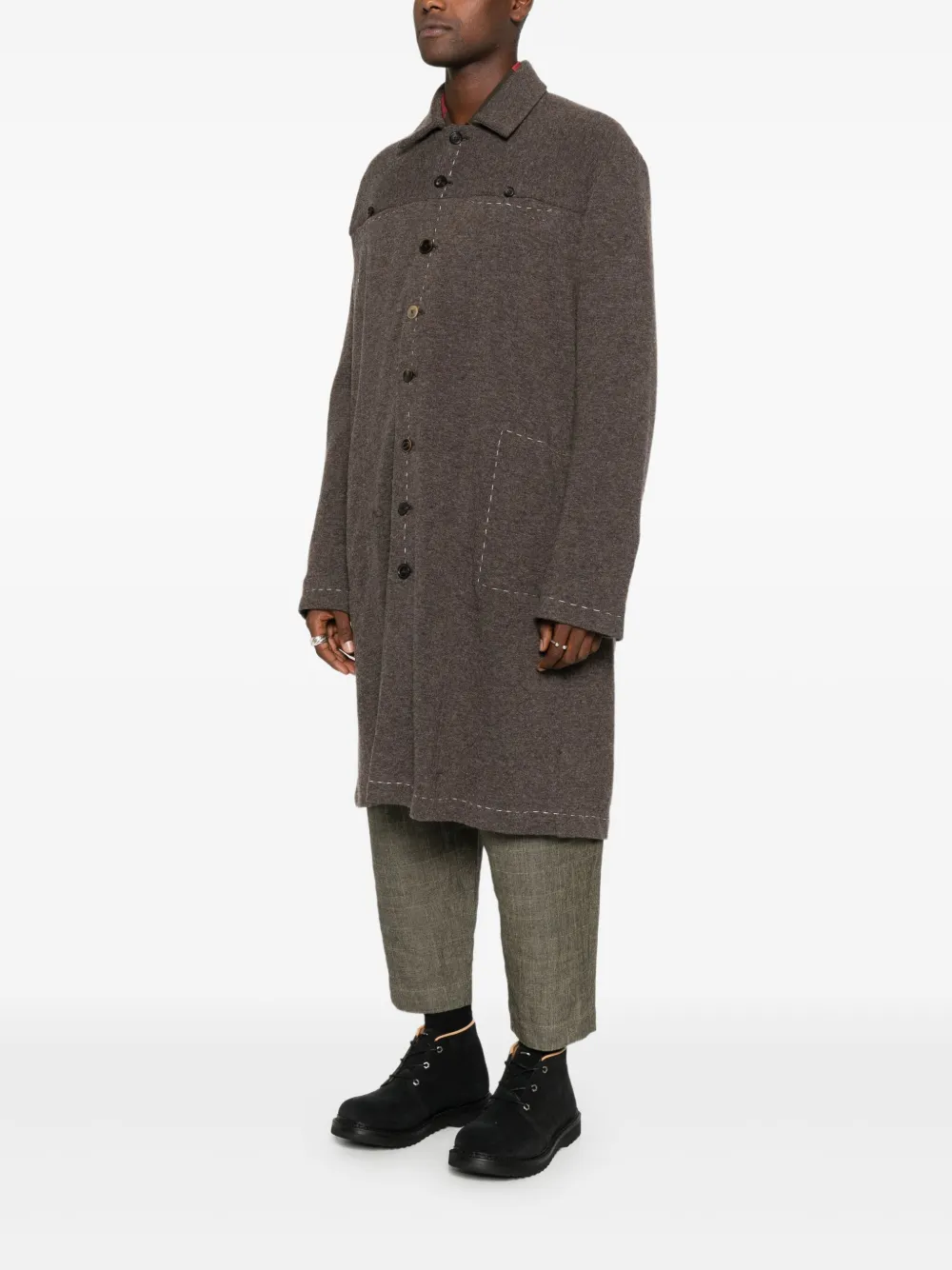  A Tentative Atelier Stitch-detail Button-up Coat - Brown 