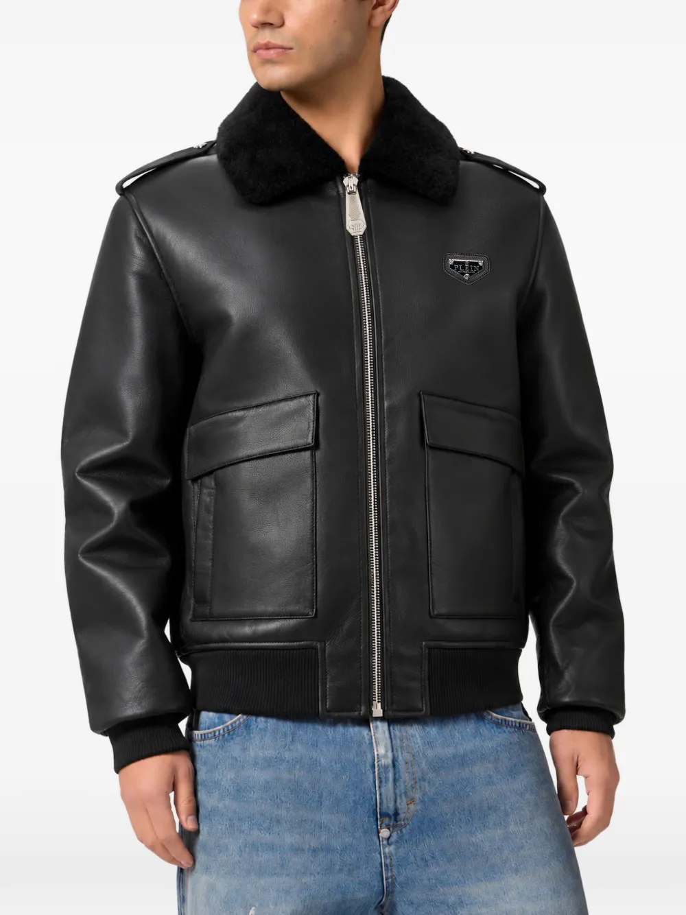 Philipp Plein Jack met kraag met lammy textuur Zwart