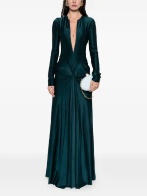 green emerald velvet dress Victoria Beckham Women's Draped Jersey Long-Sleeve Gown - Cayenne