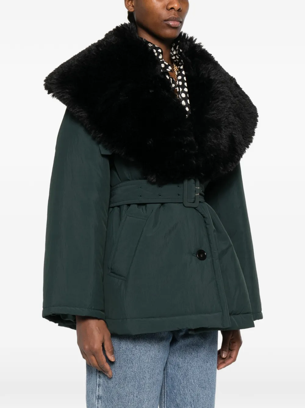  Chloé Detachable Shearling Collar Belted Coat - Green 