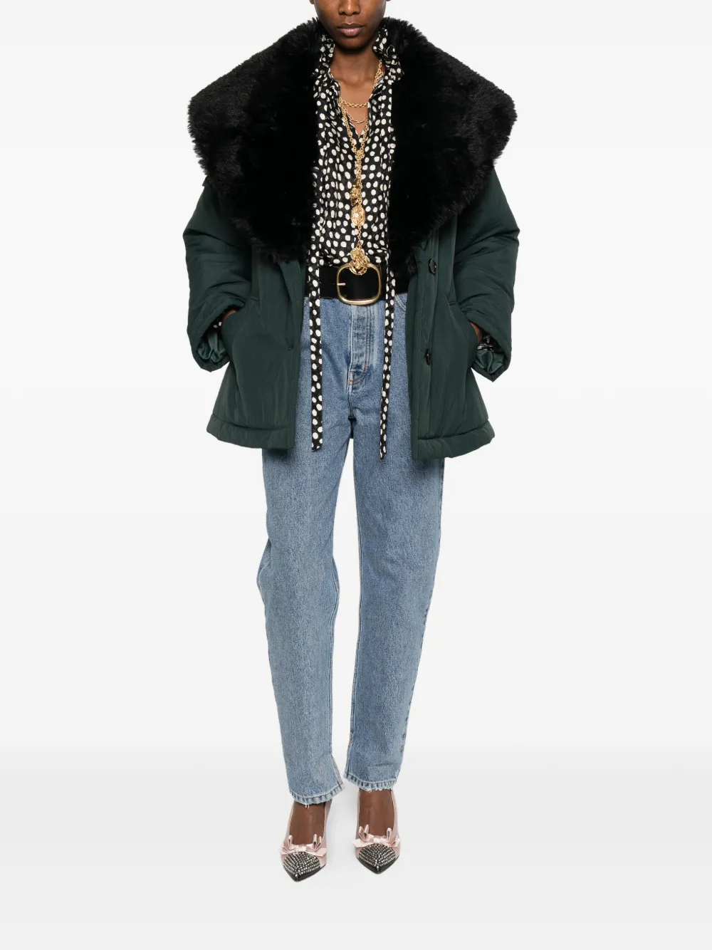  Chloé Detachable Shearling Collar Belted Coat - Green 