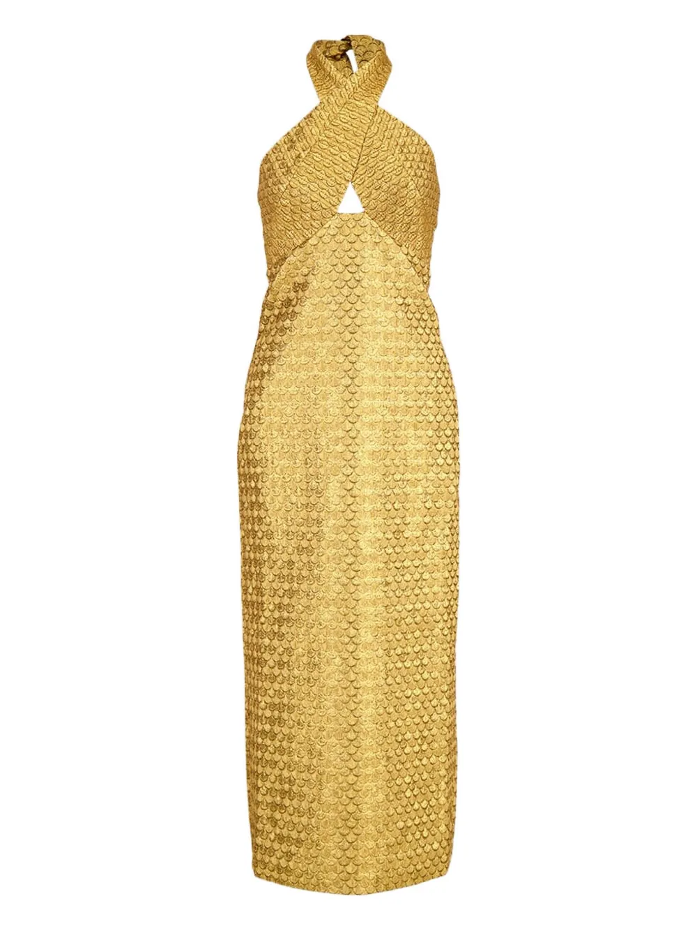 Johanna Ortiz Elegant Expedition Jacquard Halterneck Midi Dress In Yellow
