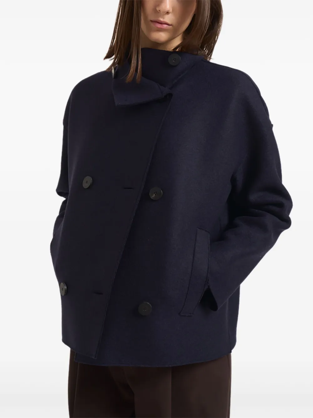 Harris Wharf London Buttoned Collarless Coat In Blue