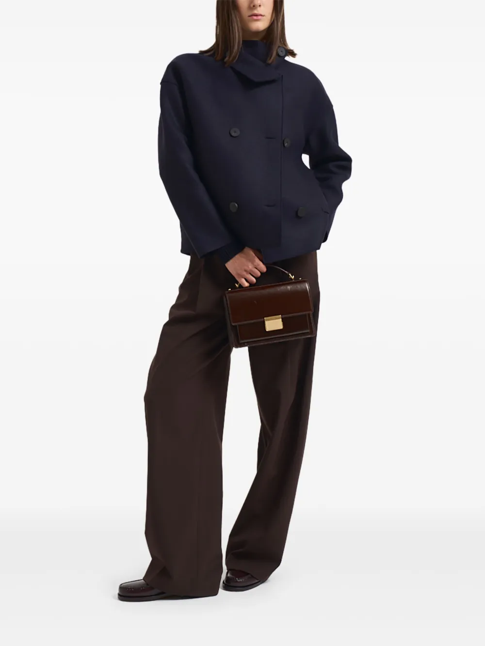 Harris Wharf London Buttoned Collarless Coat In Blue