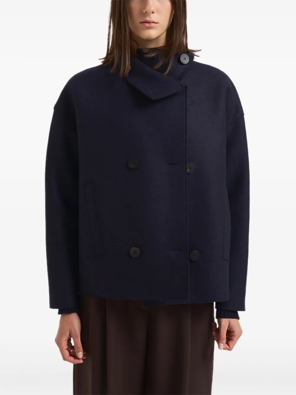 Harris Wharf London Buttoned Collarless Coat In Blue