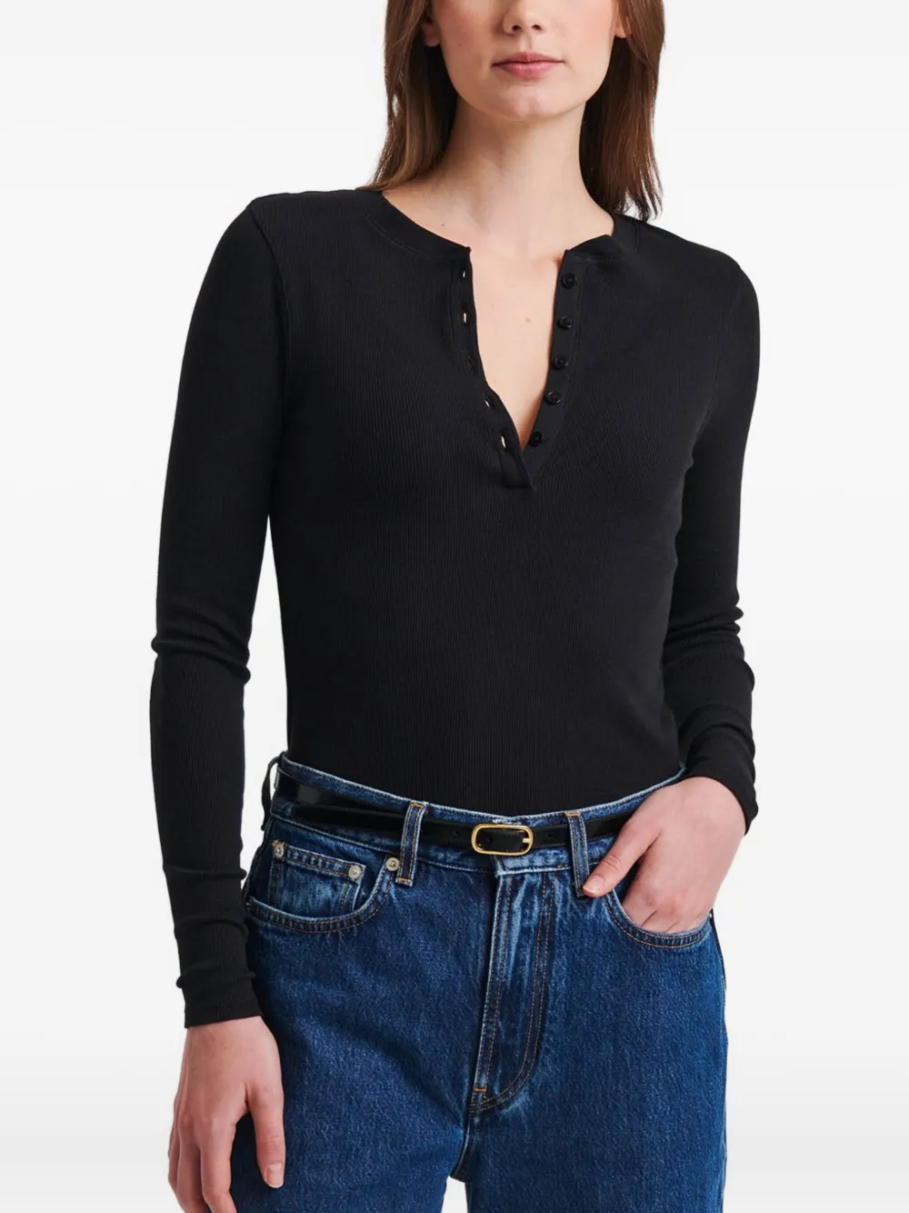 PATRICK ASSARAF Henley button ribbed top | Black | Image 1