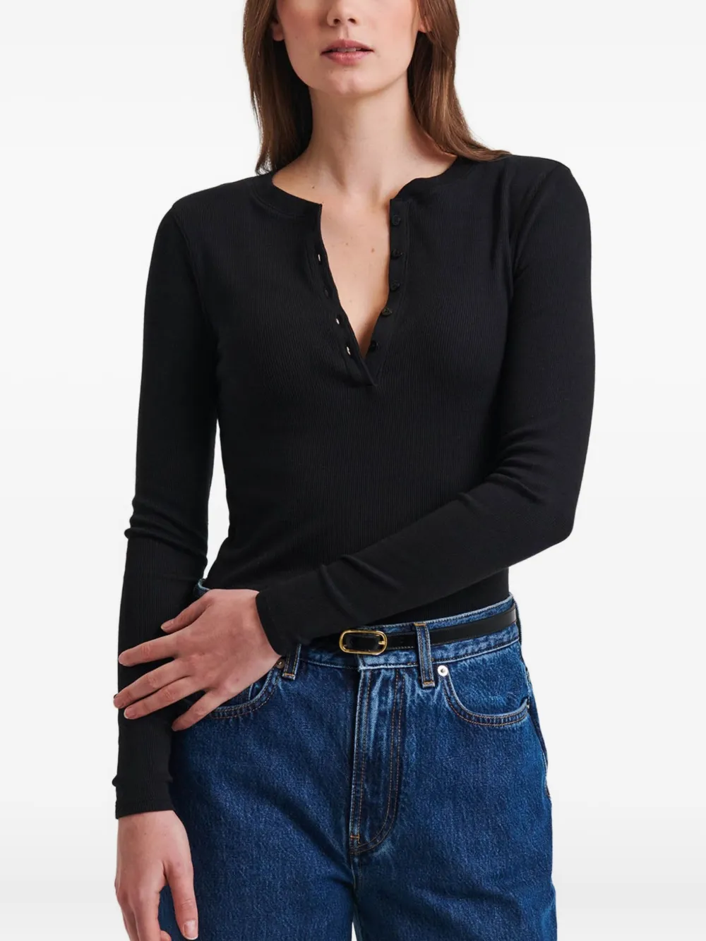 Patrick Assaraf Henley Button Ribbed Top In Black