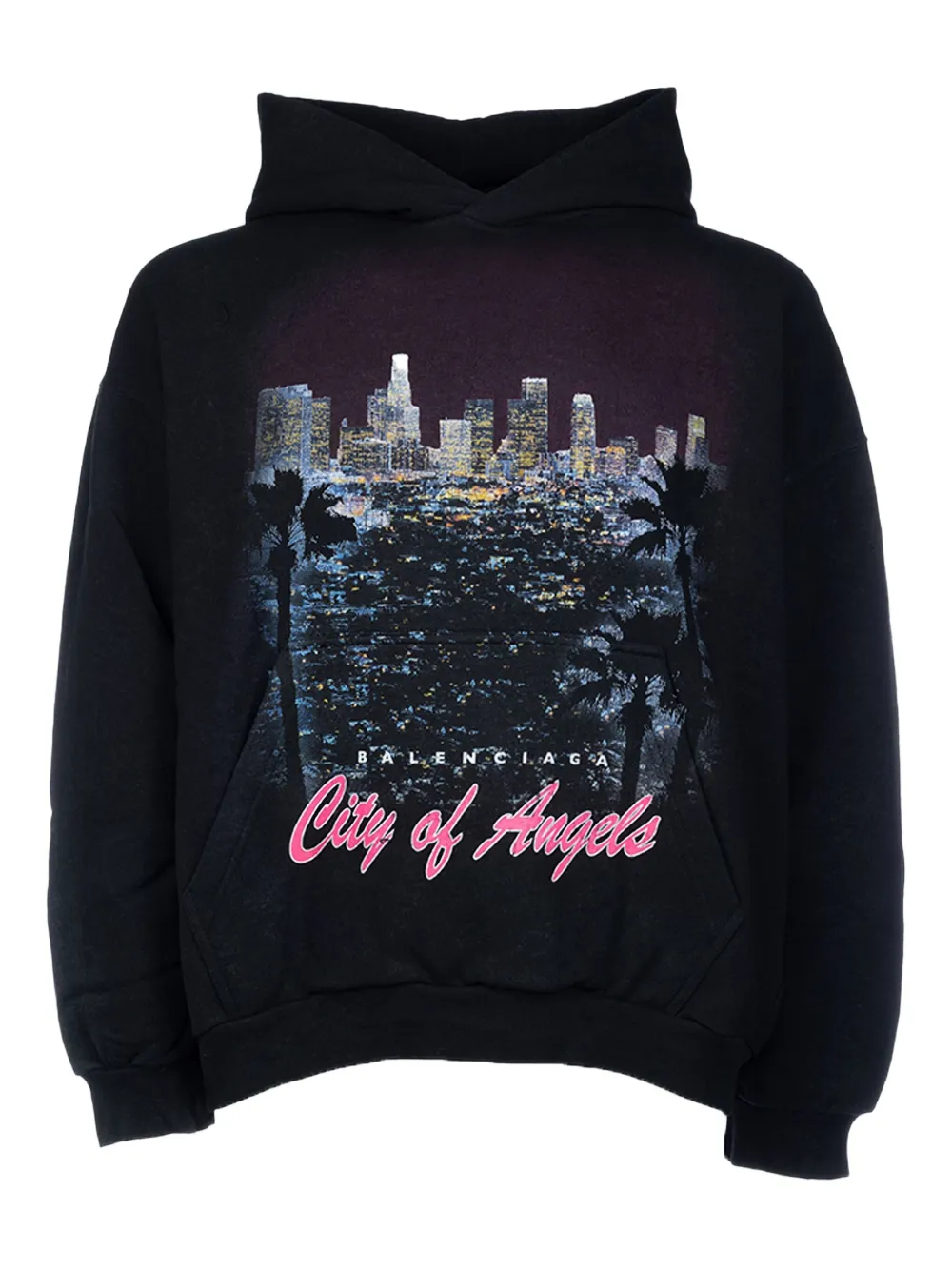 Balenciaga Hooded Graphic Print Sweater With Ribbed Cuffs In Black