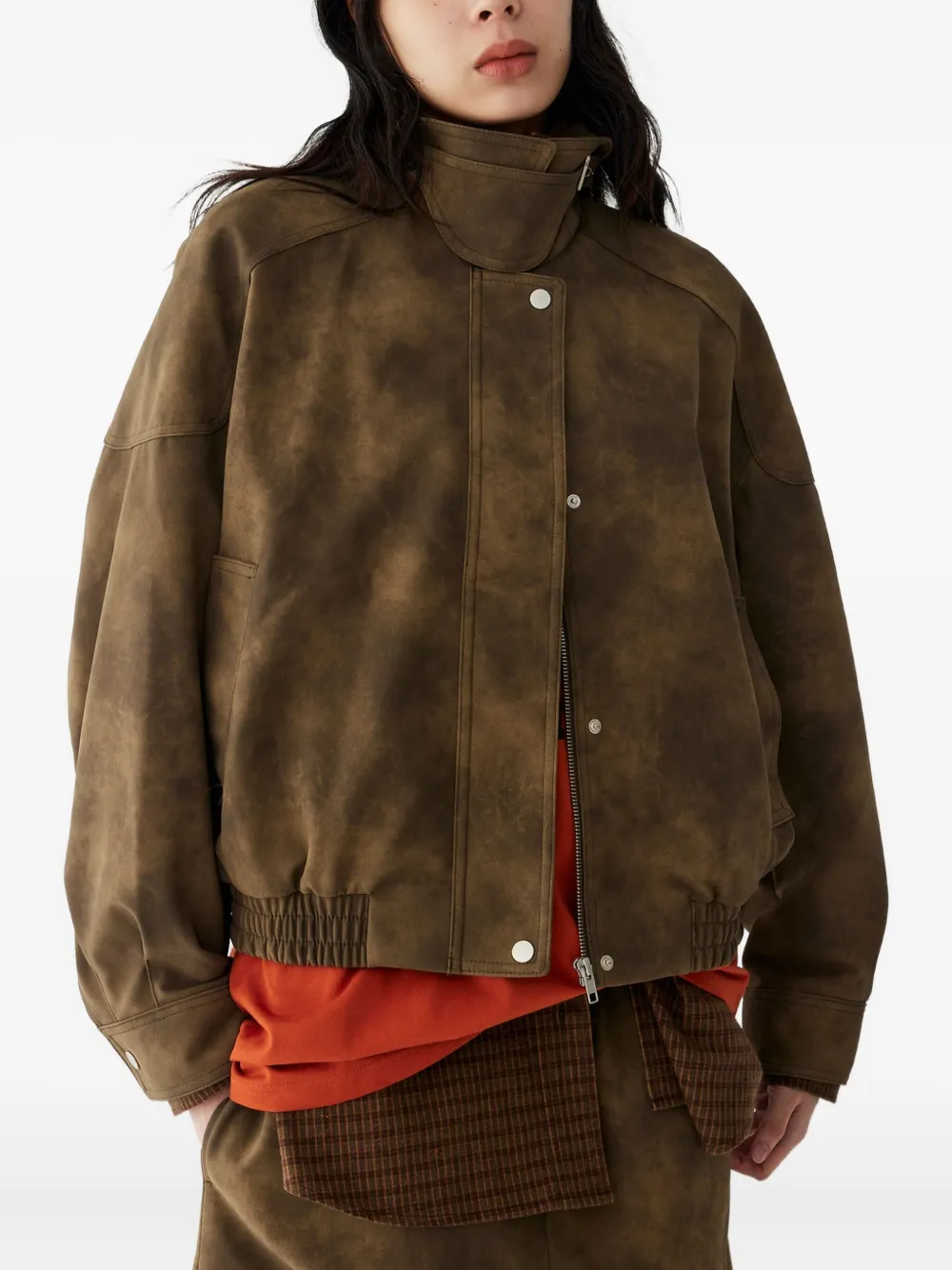 Studio Tomboy Faux Suede Bomber Jacket In Brown