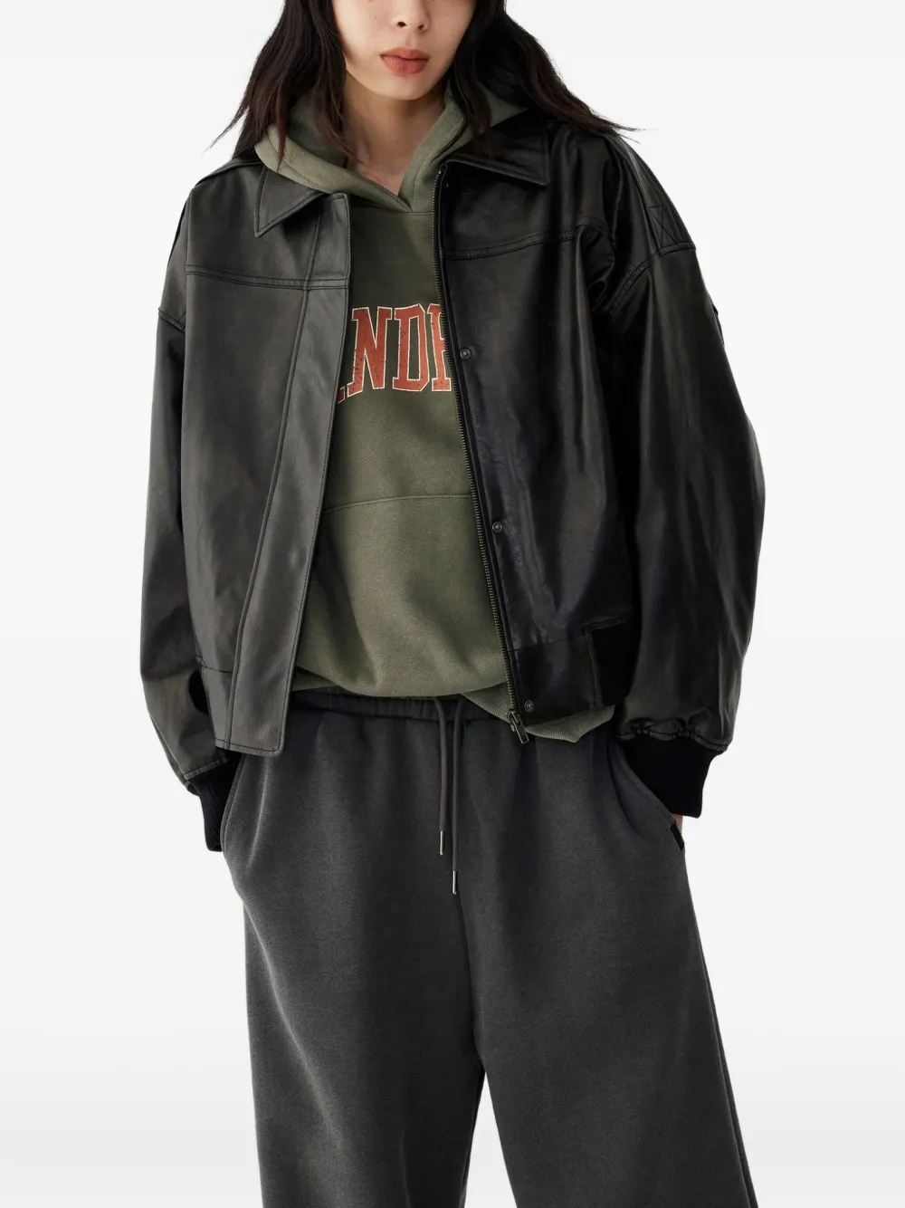 Studio Tomboy Faux Leather Bomber Jacket In Black