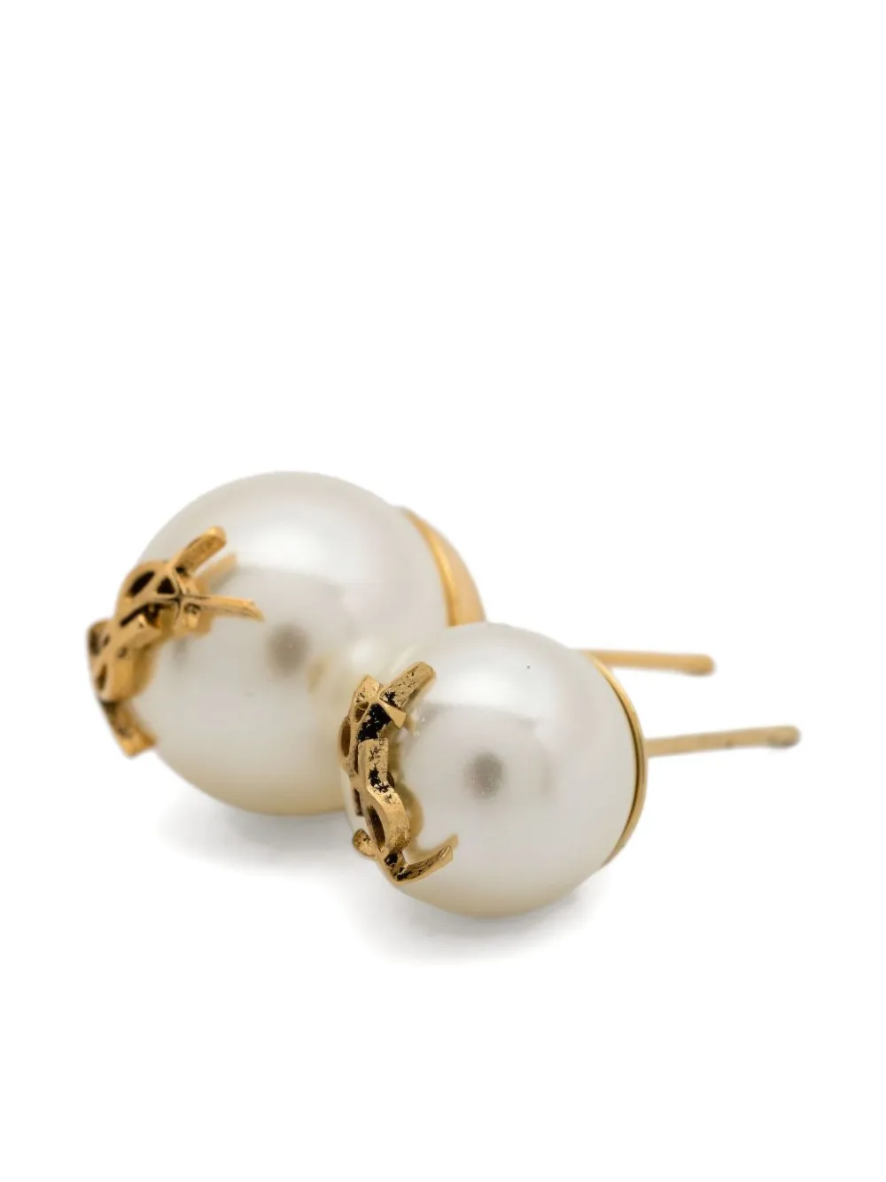 Saint Laurent Logo-plaque Faux-pearl Earrings In Gold