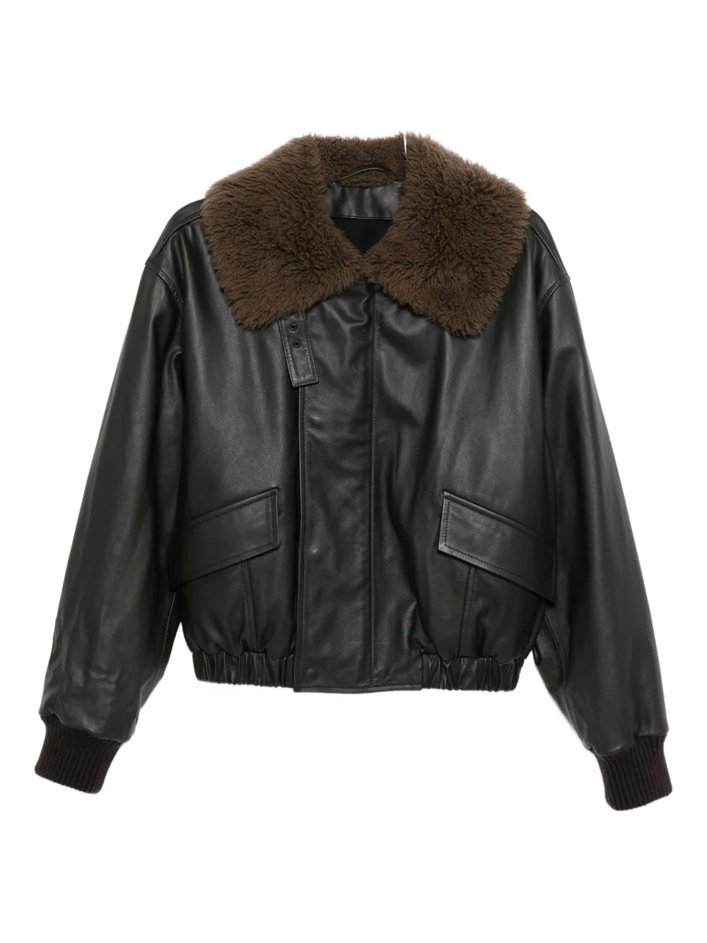 Lemaire Leather Blouson With Shearling Collar Dark Espresso In Black