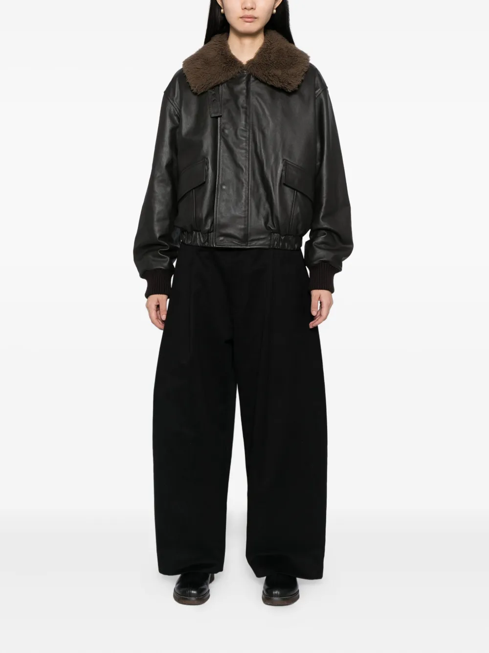 Lemaire Leather Blouson With Shearling Collar Dark Espresso In Black