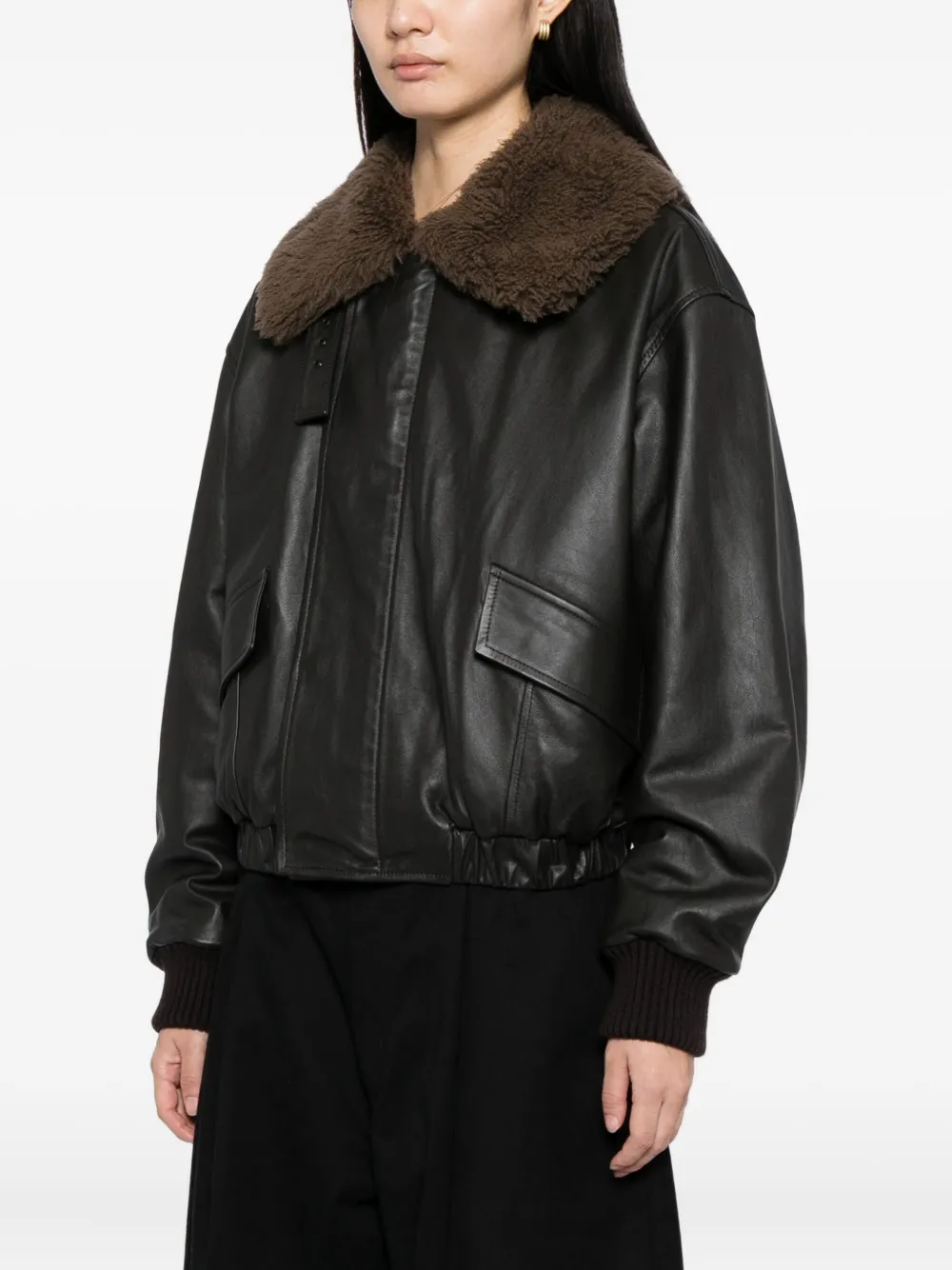 Lemaire Leather Blouson With Shearling Collar Dark Espresso In Black