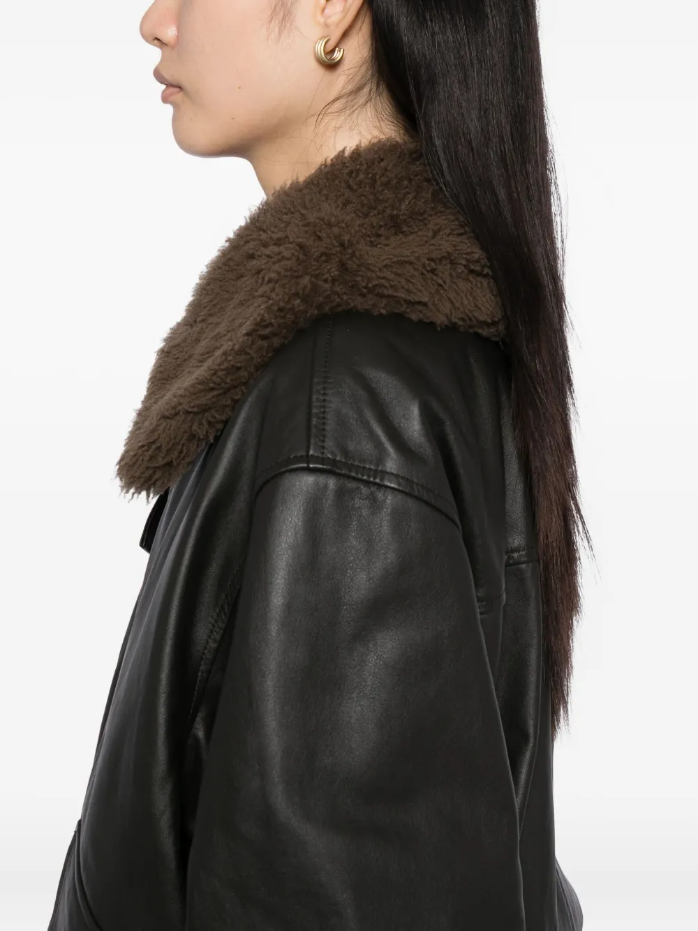 Lemaire Leather Blouson With Shearling Collar Dark Espresso In Black