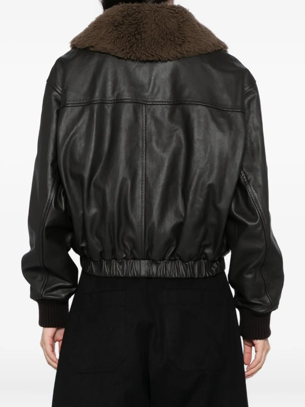 Lemaire Leather Blouson With Shearling Collar Dark Espresso In Black