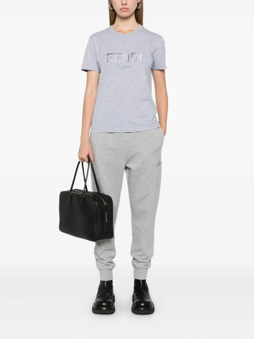 Fendi Embroidered-logo T-shirt In Gray