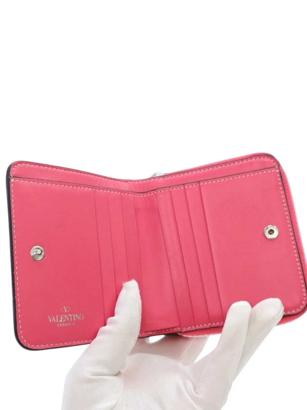 Pre-owned Valentino Garavani 2018-2025 Lambskin Free Rockstud Spike Compact Zip Around Wallet Small Wallets In Pink