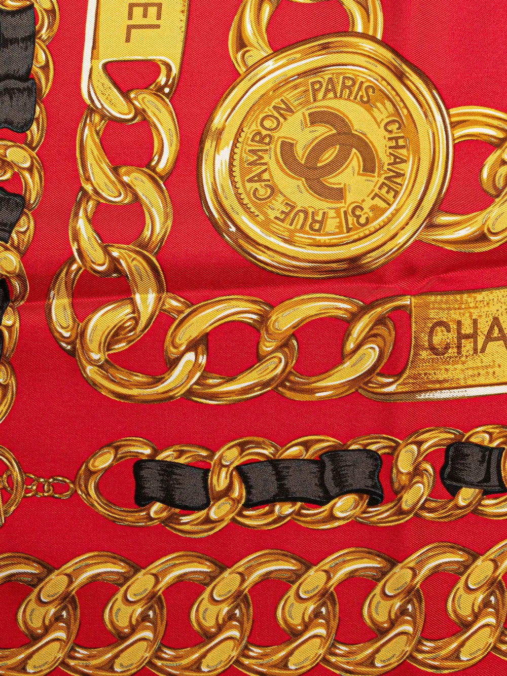Pre-owned Chanel 20th Century Cc Medallion Chain Print Silk Scarf Scarves In Red