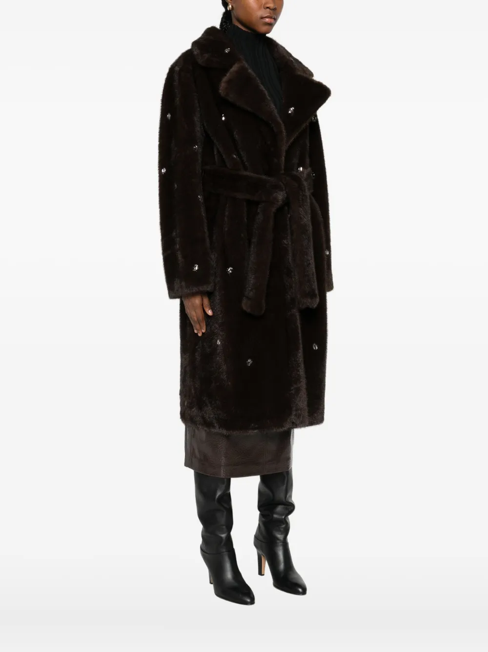 Vicolo Rhinestone-embellished Belted Coat In Brown