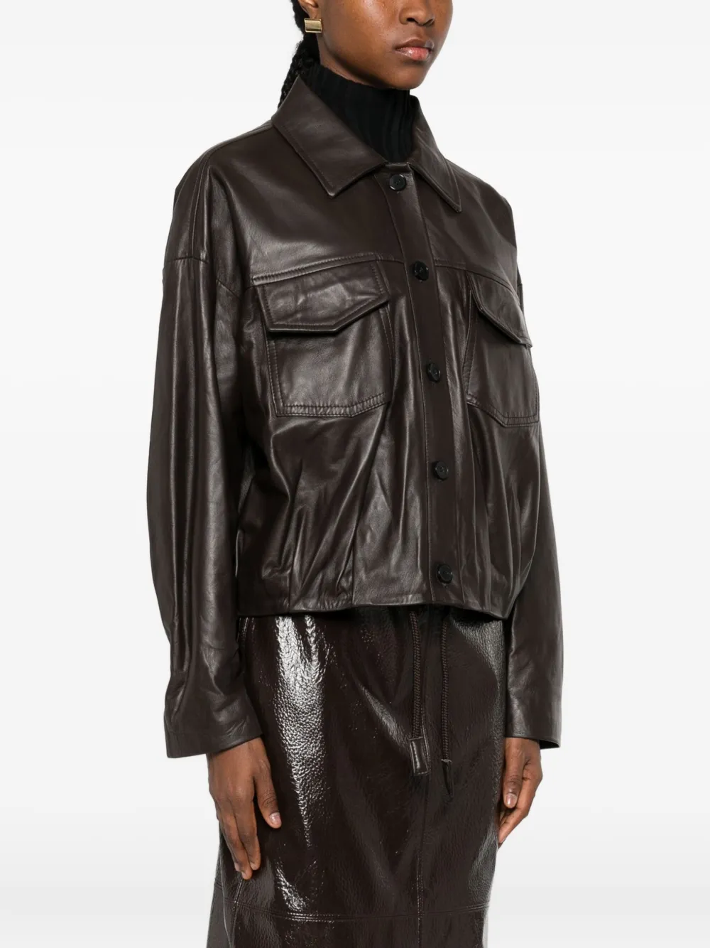 Vicolo Drawstring Leather Jacket In Brown