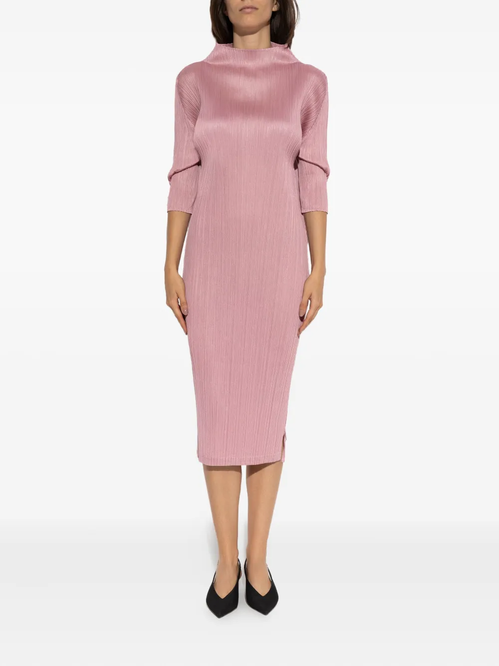 Issey Miyake Pleated Funnel-neck Midi Dress In Pink