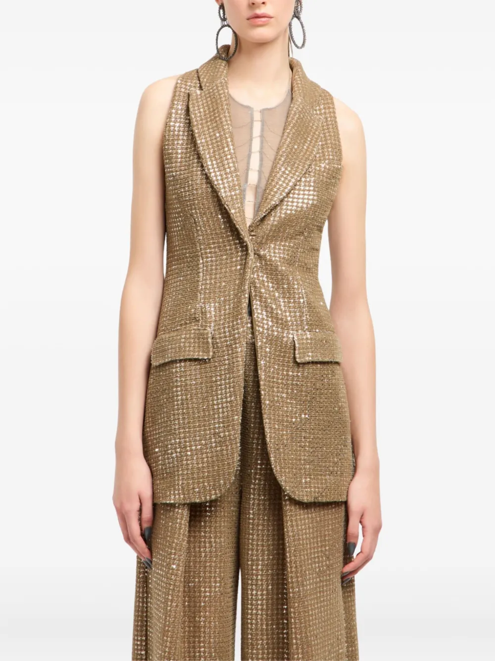 Giorgio Armani Long Jersey Waistcoat With A Flocked Print And Sequins In Brown