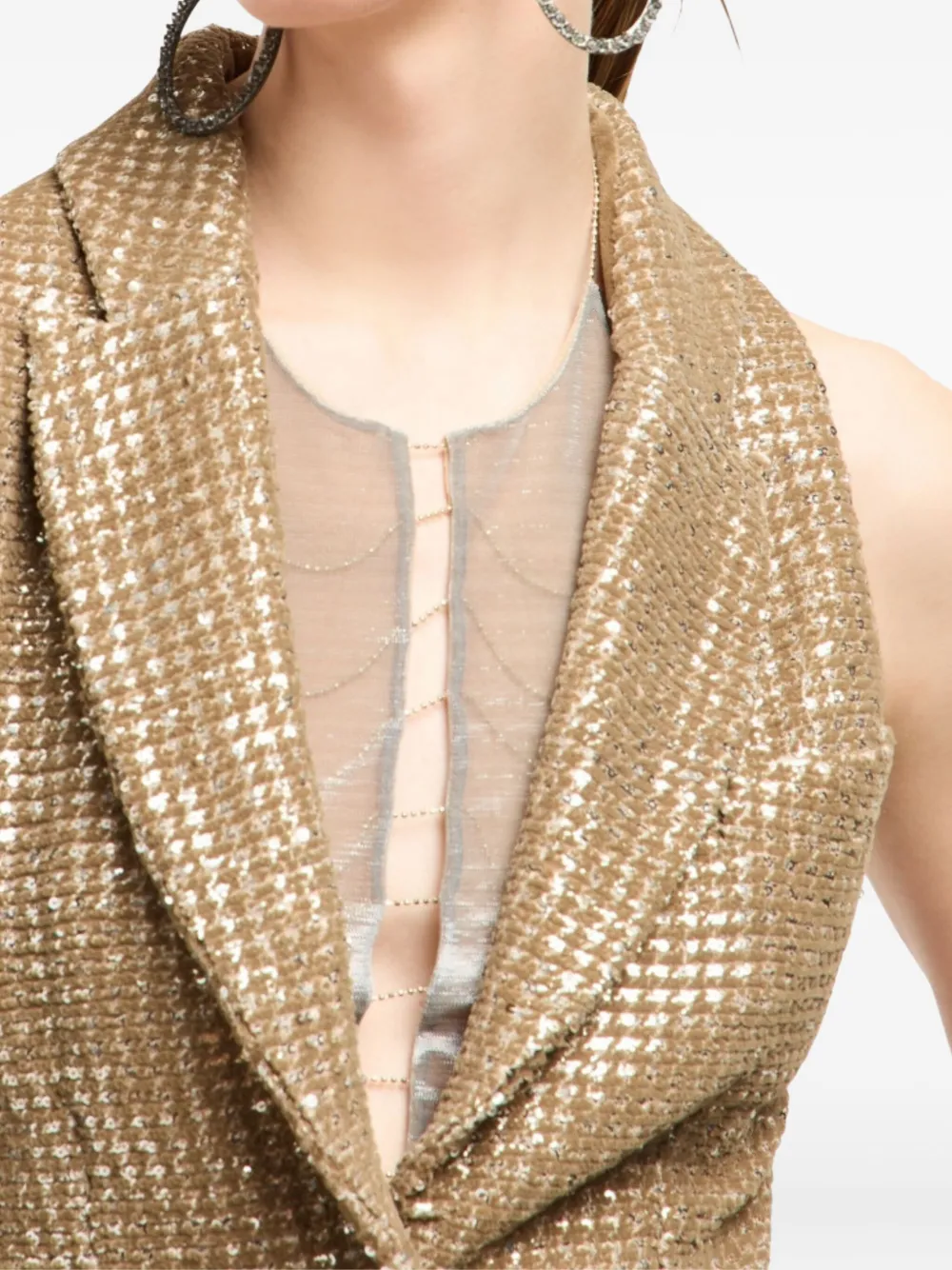 Giorgio Armani Long Jersey Waistcoat With A Flocked Print And Sequins In Brown