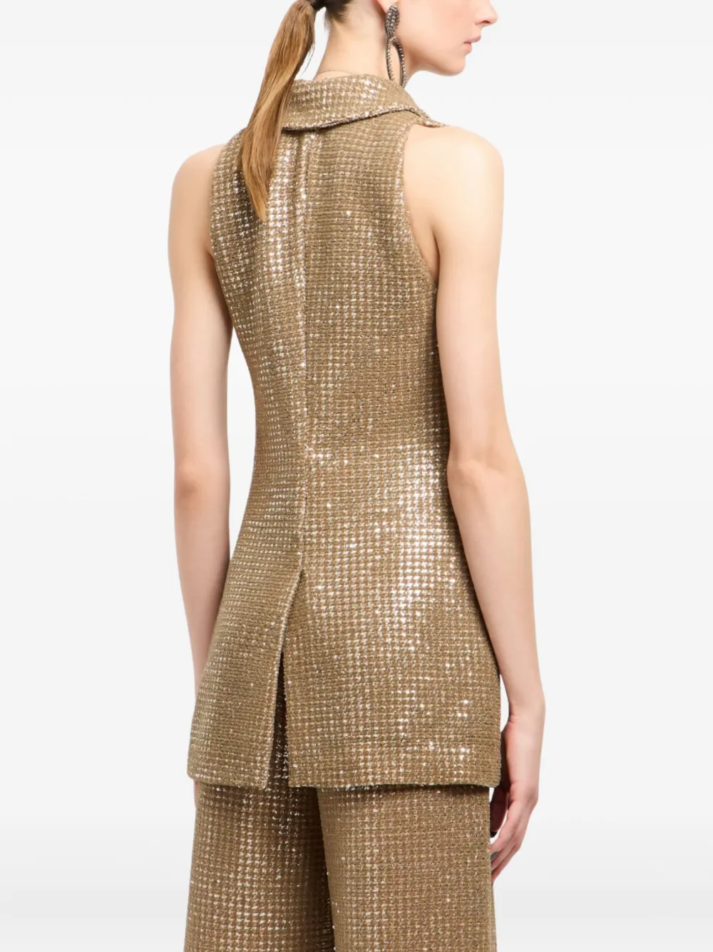Giorgio Armani Long Jersey Waistcoat With A Flocked Print And Sequins In Brown