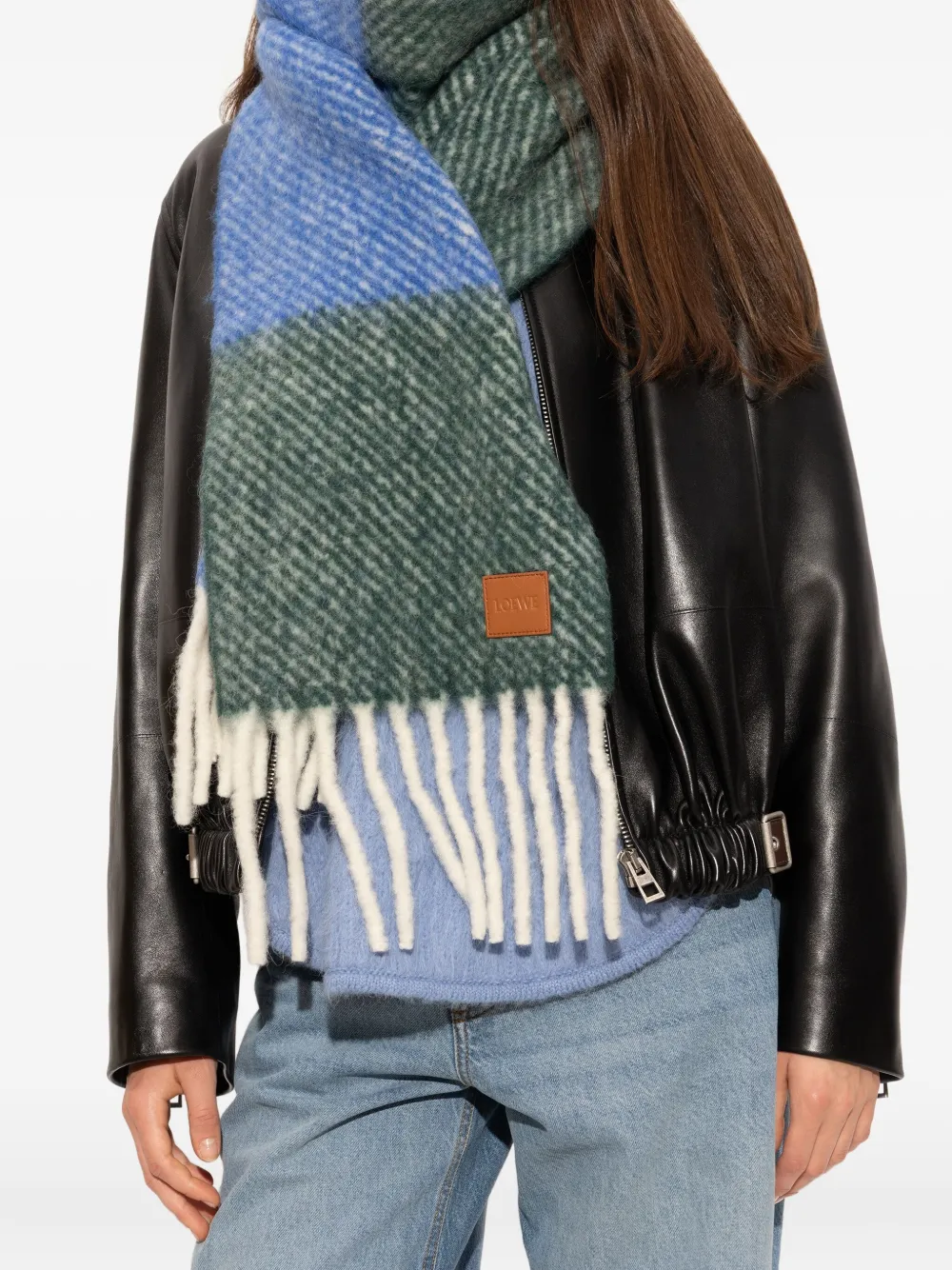 Loewe Colour-block Fringed Scarf In Green